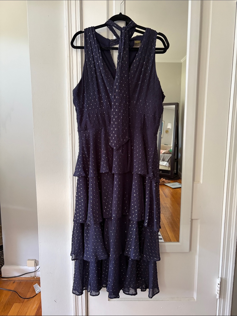 Taylor Navy Sleeveless Tiered Midi Dress with Tie Neck